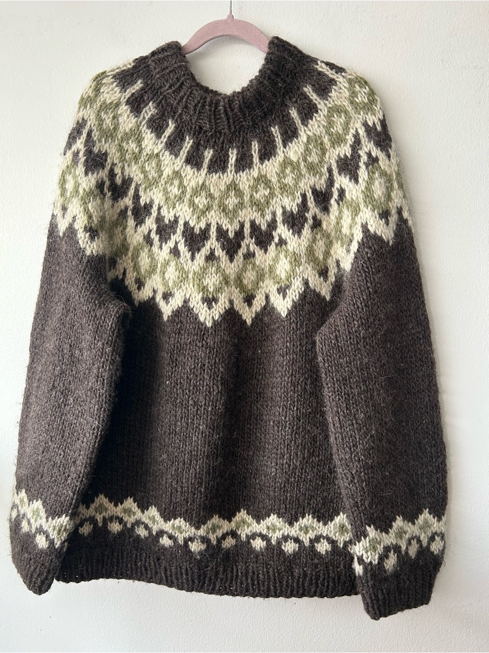 Hand-Knit Merino Wool Brown, Green and Cream Fair Isle Sweater